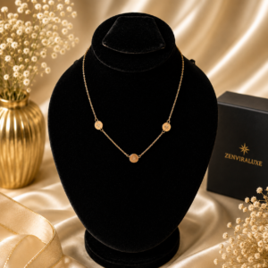 Gold stainless steel necklace with three engraved celestial disc charms displayed on a black velvet jewelry bust.
