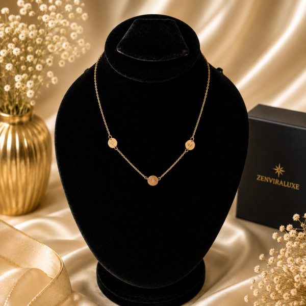 Gold stainless steel necklace with three engraved celestial disc charms displayed on a black velvet jewelry bust.