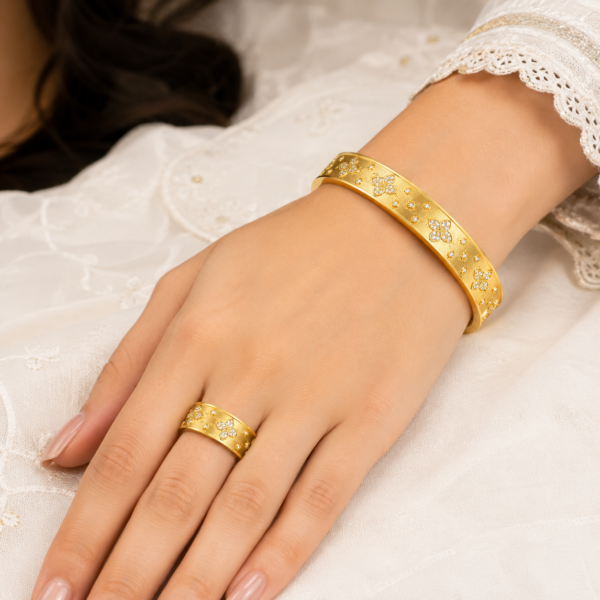 1 (1) ZL 0130001800 Gold Floral Zircon Bangle and Ring Set for Women