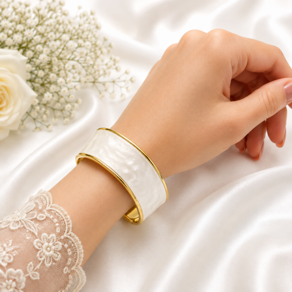 1 (1) ZL 03750600 White Pearl Gold Cuff Bangle for Women