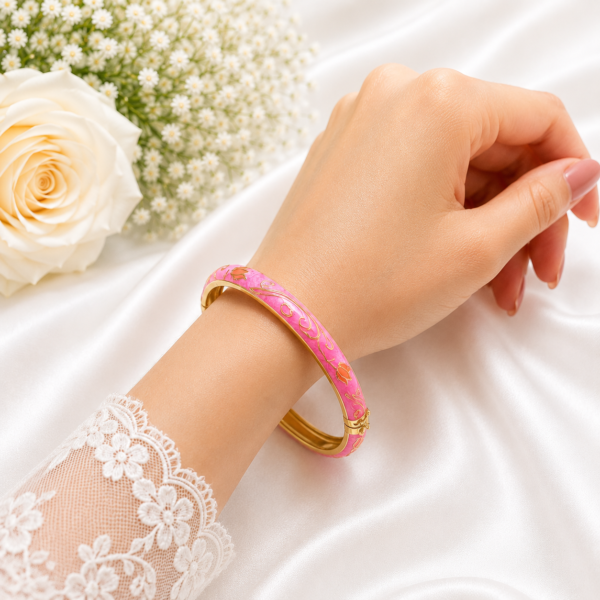 1 (14) ZL 030005500 Pink Enamel Floral Gold Bangle for Women