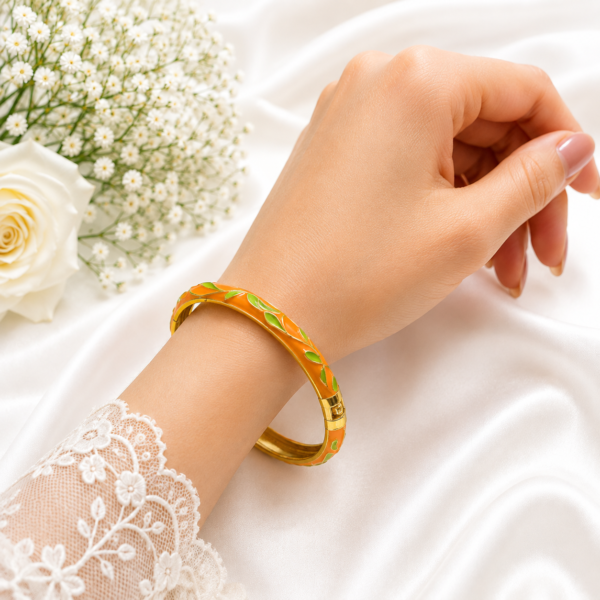 1 (16) ZL 030005500 Orange Green Enamel Leaf Gold Bangle for Women