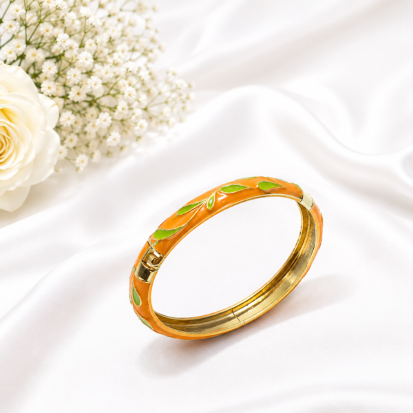 1 (17) ZL 030005500 Orange Green Enamel Leaf Gold Bangle for Women