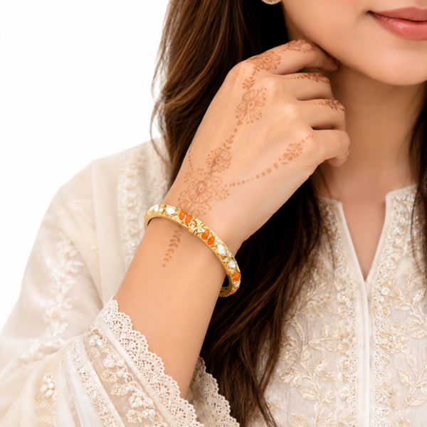 1 (23) ZL 030005500 Orange White Enamel Gold Bangle for Women
