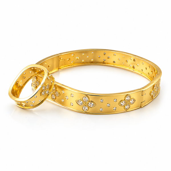 1 (4) ZL 0130001800 Gold Zircon Floral Bangle and Ring Set for Women