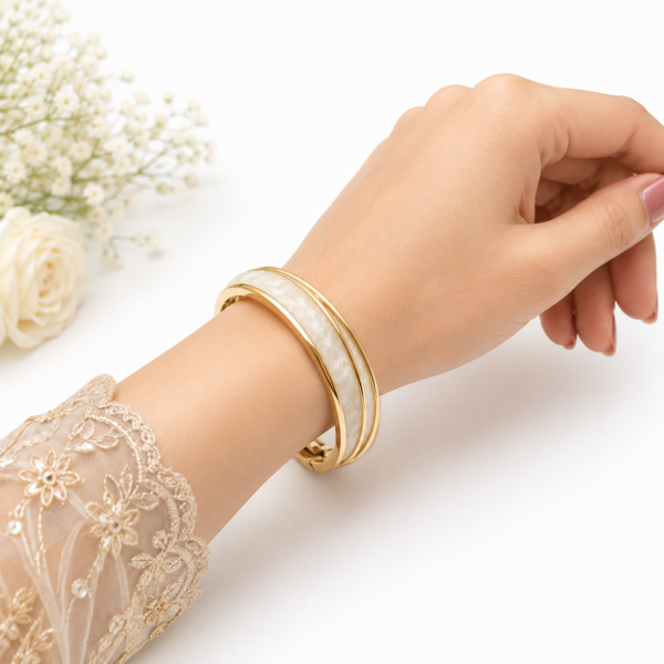 1 (7) ZL 03750600 White Pearl Double Band Gold Bangle for Women