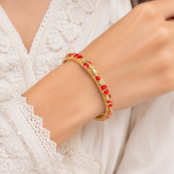 1 (8) ZL 030005500 Red Enamel Heart Design Gold Bangle for Women