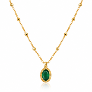 Gold Green Oval Crystal Pendant Necklace