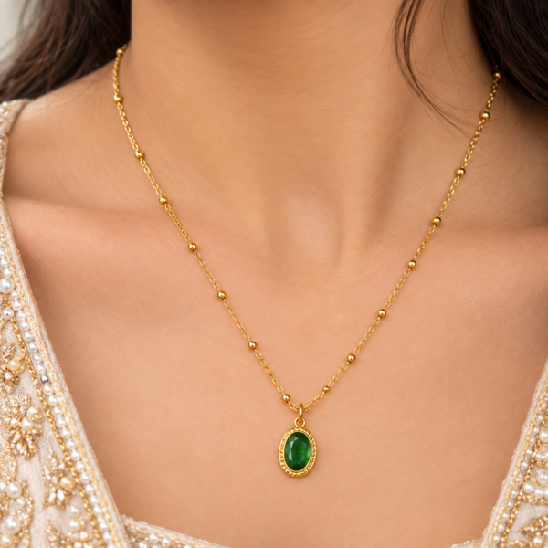 Gold Green Oval Crystal Pendant Necklace