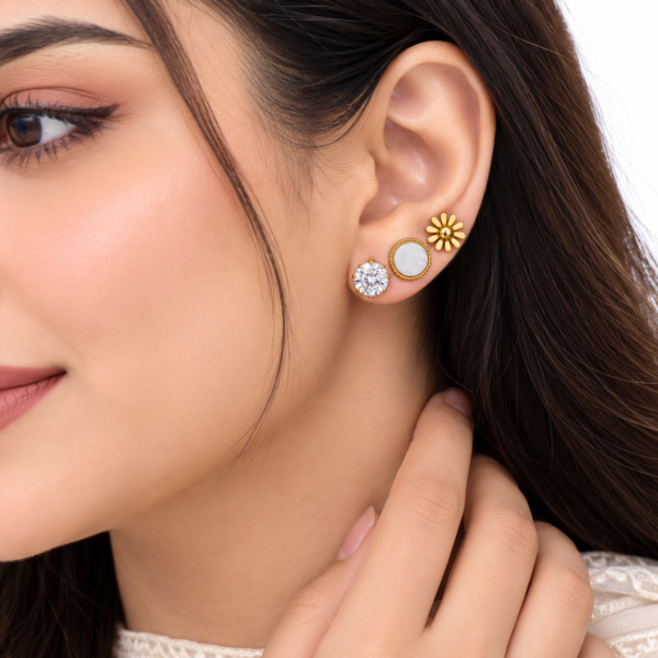 3 Pairs Gold Stud Earrings Set for Women