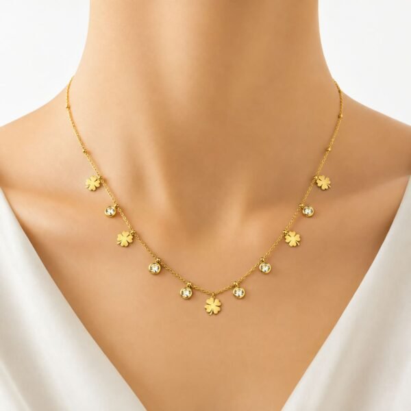 Gold Clover Charm Crystal Necklace for Women