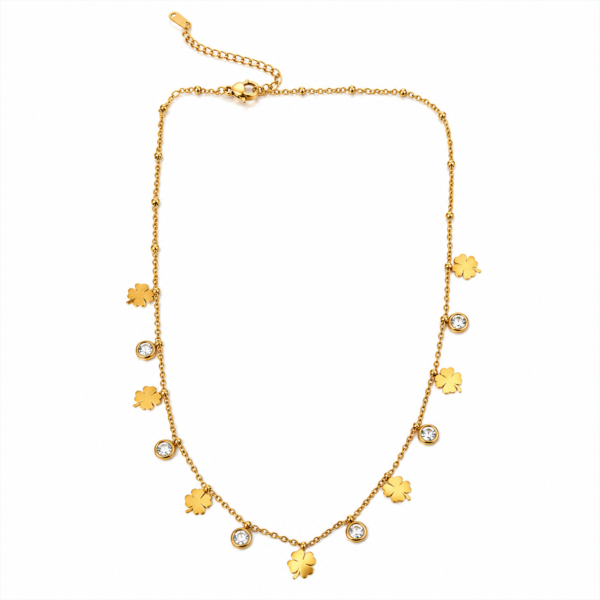 Gold Clover Charm Crystal Necklace for Women