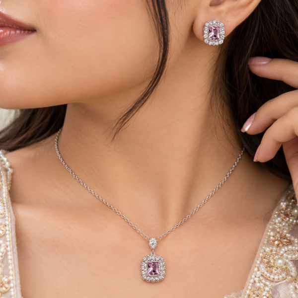 ZL 800 Silver Pink Crystal Necklace and Earrings Set