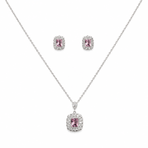 Silver Pink Crystal Necklace and Earrings Set