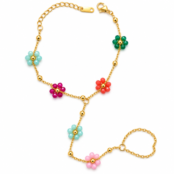 Colorful Gold Flower Charm Chain Jewelry Gold Floral Beaded Hand Chain for Women with Black and White Flower Beads – ZenviraLuxe