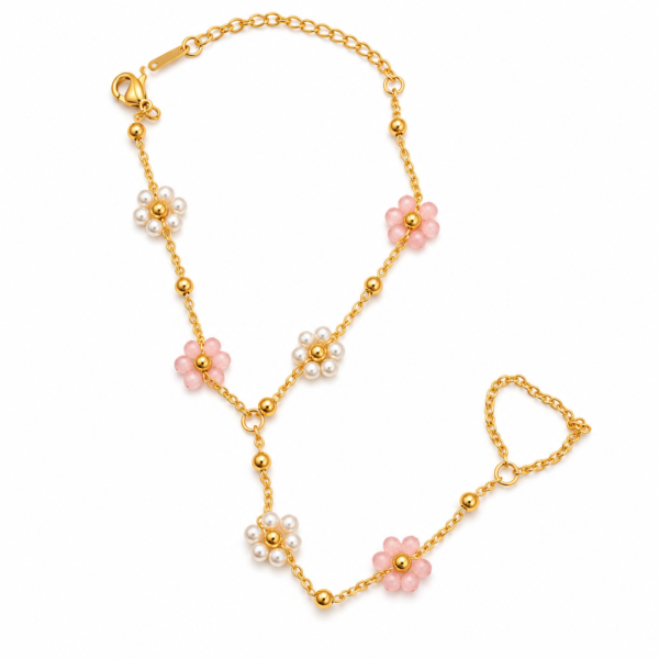 Delicate Gold Floral Charm Chain Gold Floral Beaded Hand Chain for Women with Black and White Flower Beads – ZenviraLuxe