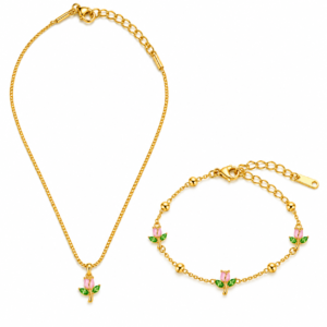 Pink Rosebud Necklace and Bracelet Set in Gold Color with Green Leaf Floral Charms – ZenviraLuxe