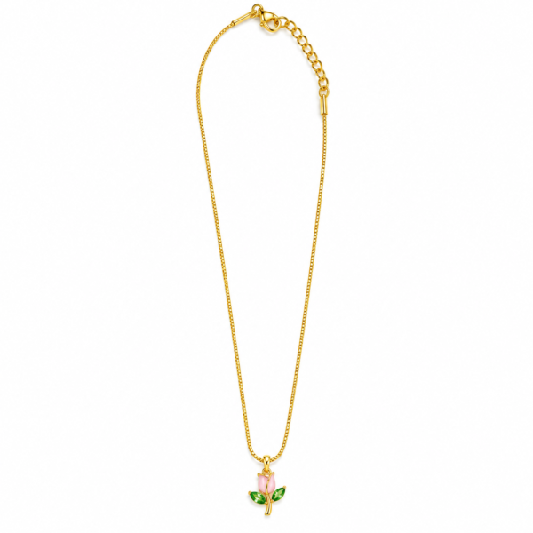Delicate Gold Rosebud Pendant Necklace with Pink Flower and Green Leaves – ZenviraLuxe