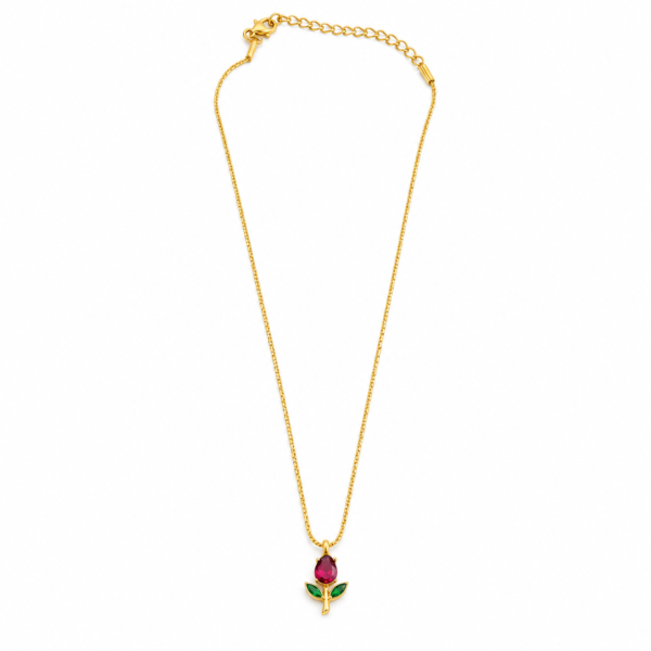 Ruby Red Rosebud Pendant Necklace with Green Leaves – ZenviraLuxe