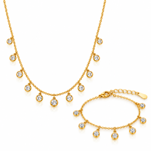 Elegant Gold Jewelry Set Flat Lay Gold Crystal Charm Necklace and Bracelet Set with Dangling Clear Stones – ZenviraLuxe