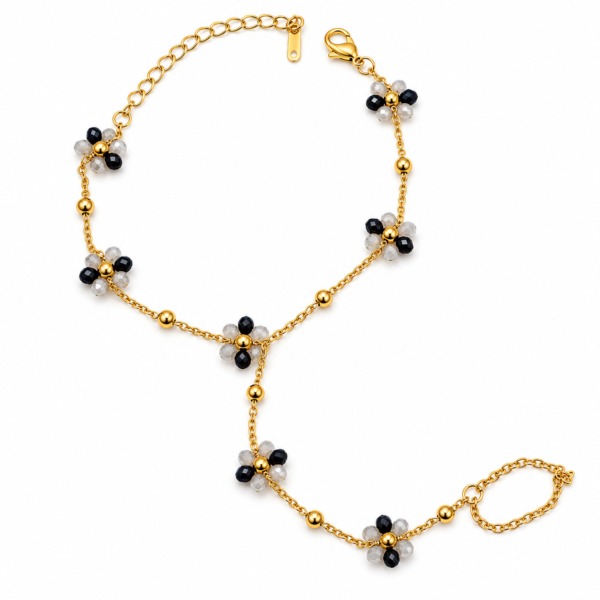 Gold Floral Beaded Chain Jewelry Gold Floral Beaded Hand Chain for Women with Black and White Flower Beads – ZenviraLuxe