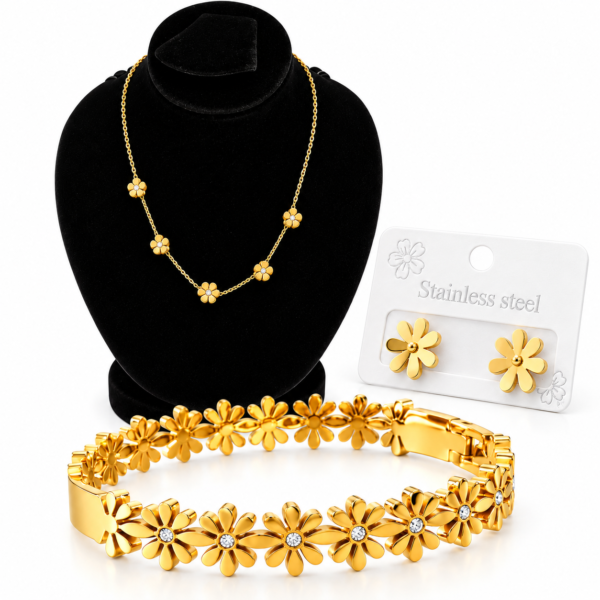 Gold Floral Jewelry Collection (1) Gold Daisy Flower Stainless Steel Jewelry Set with Necklace Earrings and Bracelet – ZenviraLuxe