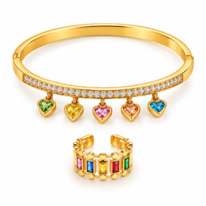 Gold Multicolor Heart Charm Bangle and Rainbow Crystal Ring Set – ZenviraLuxe