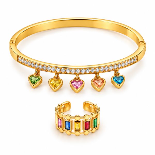 Gold Heart Charm Bracelet and Gemstone Ring Gold Multicolor Heart Charm Bangle and Rainbow Crystal Ring Set – ZenviraLuxe