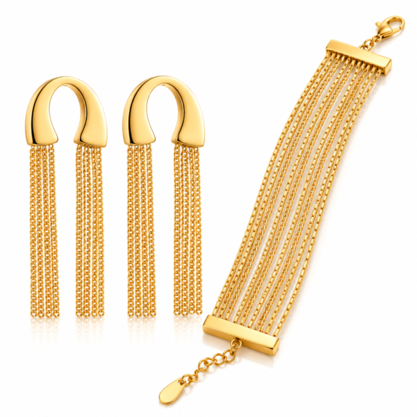 Gold Tassel Earrings and Chain Bracelet Gold Tassel Earrings and Multi Chain Bracelet Set for Women – ZenviraLuxe