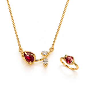 Ruby Red Rose Necklace and Ring Set with Gold Color Floral Design – ZenviraLuxe