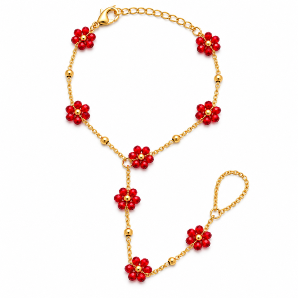 Ruby Flower Gold Chain Lariat Jewelry Gold Floral Beaded Hand Chain for Women with Black and White Flower Beads – ZenviraLuxe