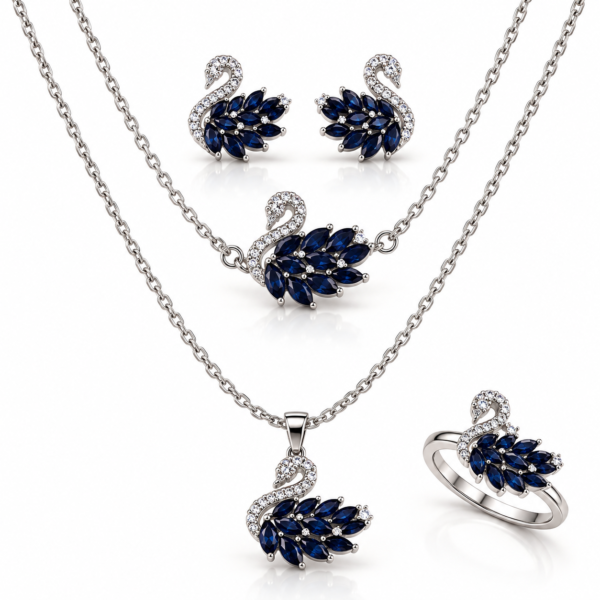 Sapphire Swan Jewelry Collection Sapphire Blue Swan Jewelry Set with Silver Color Necklaces Earrings and Ring – ZenviraLuxe