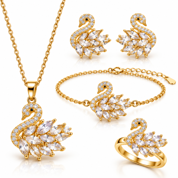Swan Gold Jewelry Set Display Gold Swan Crystal Jewelry Set for Women – 4 Pieces
