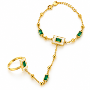ZL 01500300 (2) Emerald Green Stone Gold Hand Chain Bracelet with Ring – ZenviraLuxe